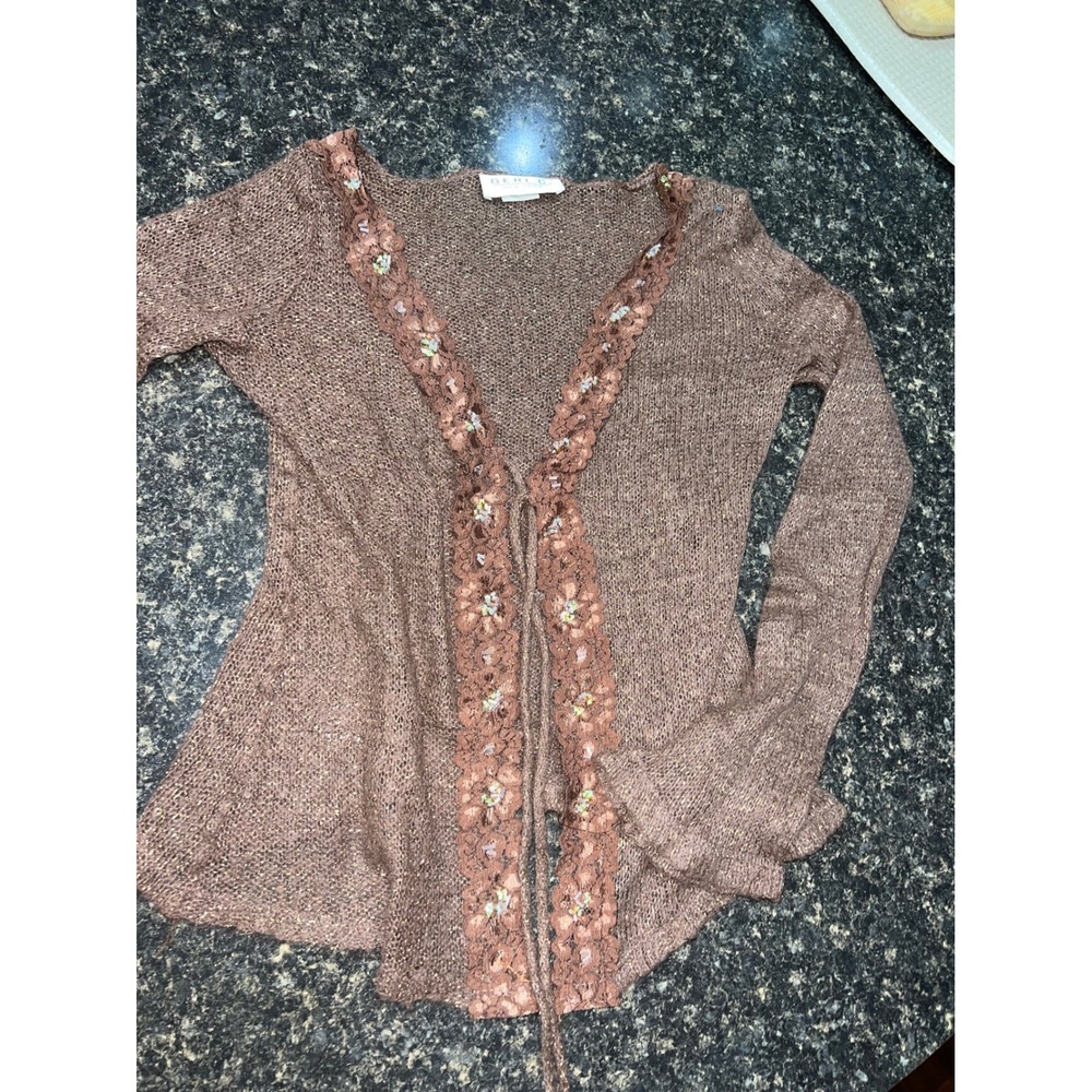 Geri C. New York Brown Gold Tinsel Lace Trim Sequin Tie Front Cardigan Small